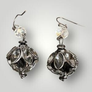 Vintage Silver Tone Art Glass Dangle Earrings Floral Czech Style